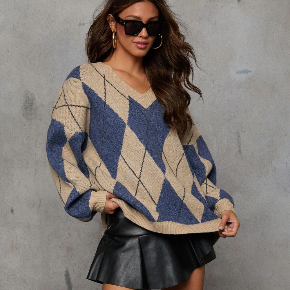 Vici Remma Argyle Print V Neck Sweater
